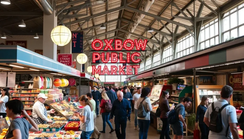 Generate an image of the Oxbow Public Market interior with vendors and shoppers.