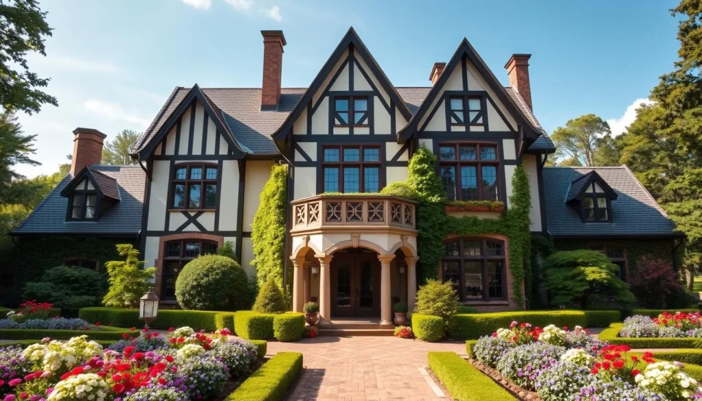 Generate an image of the Paine Art Center and Gardens, showcasing its Tudor-Revival architecture and beautifully maintained gardens.
