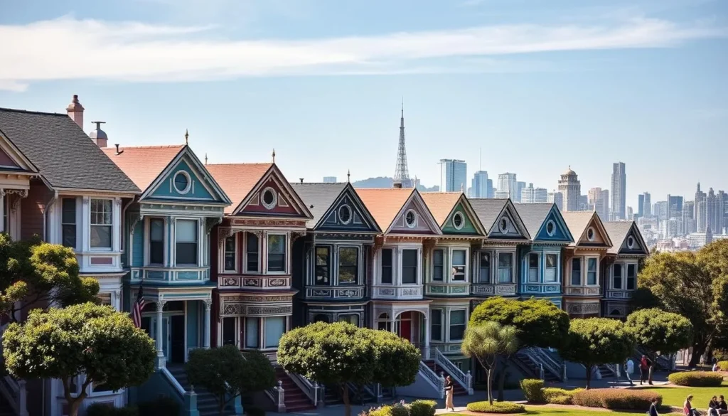Generate an image of the Painted Ladies at Alamo Square with their vibrant colors and the San Francisco skyline.