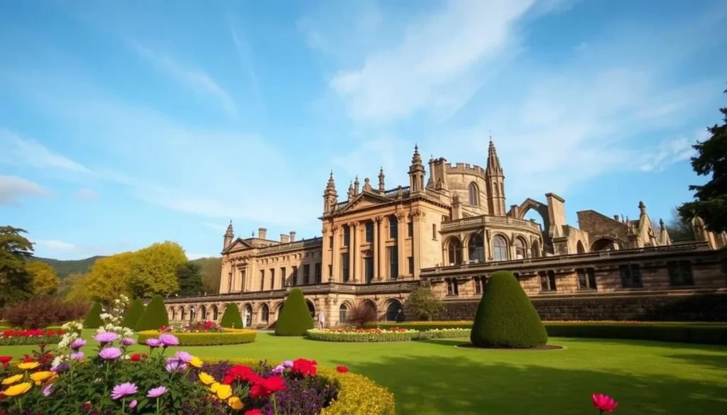 Generate an image of the Palace of Holyroodhouse with its stunning gardens and the ruins of Holyrood Abbey in the background.