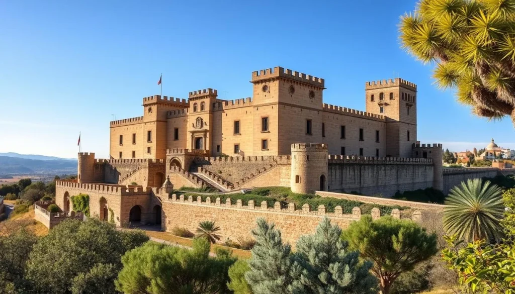 Generate an image of the Palace of the Kings of Majorca in Perpignan, France, showcasing its medieval architecture and surrounding landscape.