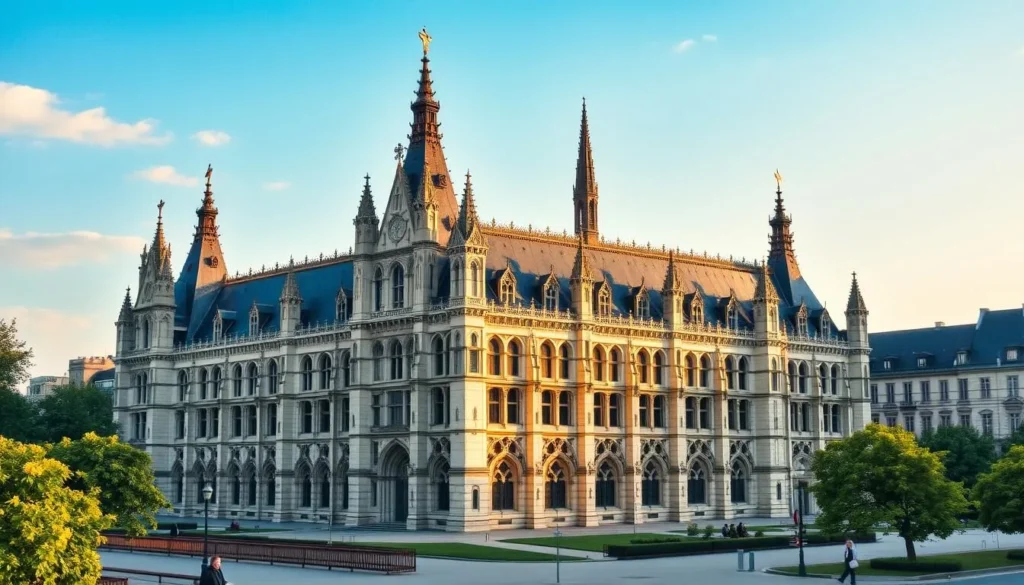 Generate an image of the Palais de Justice in Rouen, showcasing its Gothic architecture and intricate spires.