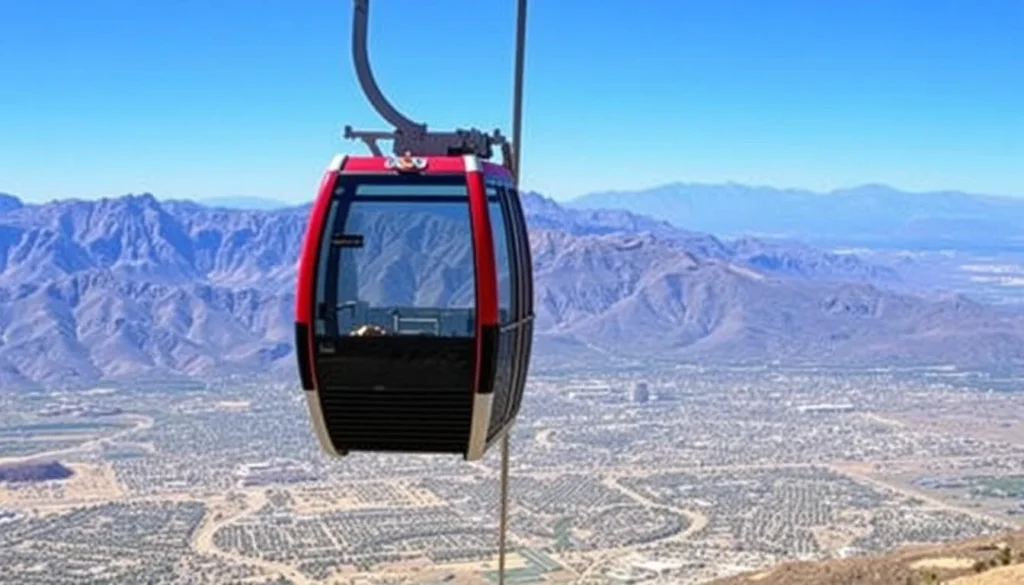 Generate an image of the Palm Springs Aerial Tramway ascending to Mount San Jacinto State Park with a panoramic view of the Coachella Valley.