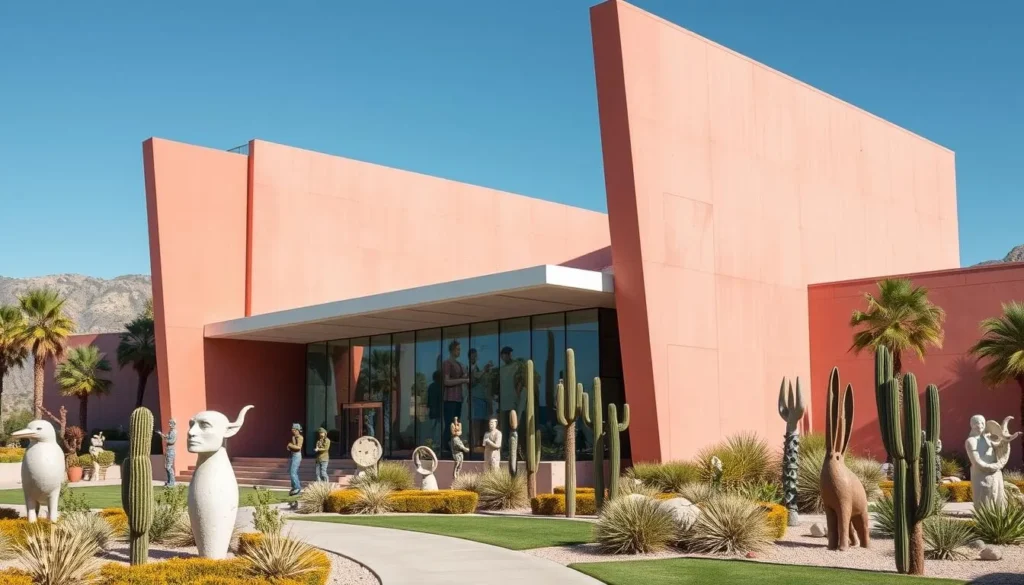 Generate an image of the Palm Springs Art Museum's modern architecture and sculpture gardens.