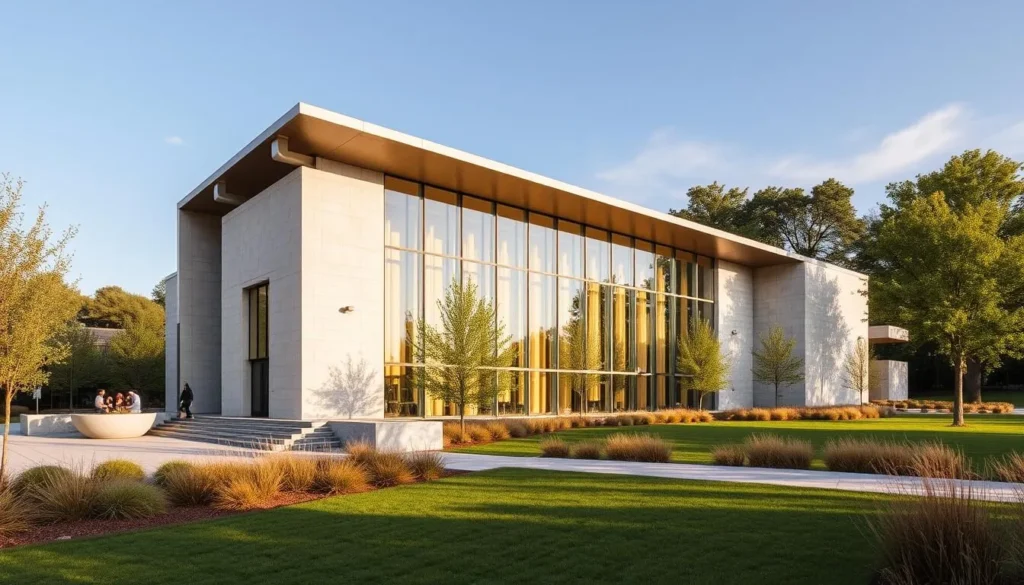 Generate an image of the Palmer Museum of Art's new building, showcasing its modern architecture and beautiful surroundings.