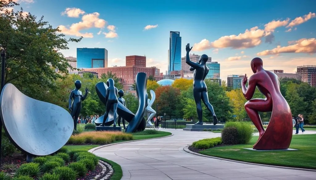 Generate an image of the Pappajohn Sculpture Park in Des Moines, Iowa, showcasing its modern sculptures amidst a vibrant urban setting.