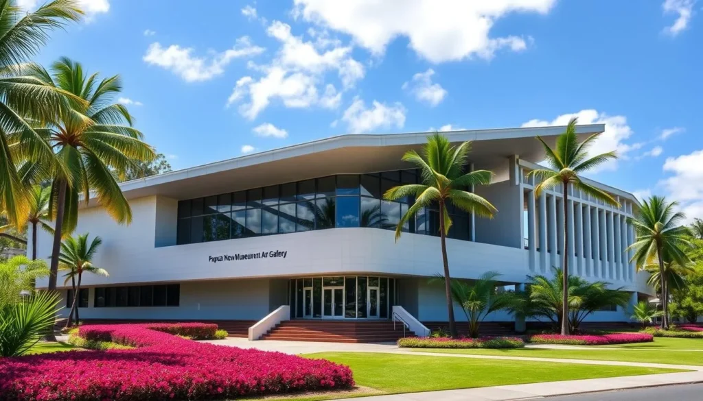 Generate an image of the Papua New Guinea National Museum and Art Gallery's exterior, showcasing its modern architecture amidst a lush, tropical environment.