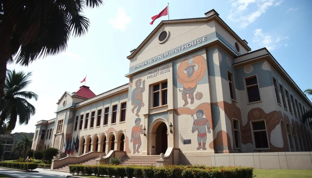Generate an image of the Papua New Guinea Parliament House with its unique cave-painting-style artwork on the exterior.
