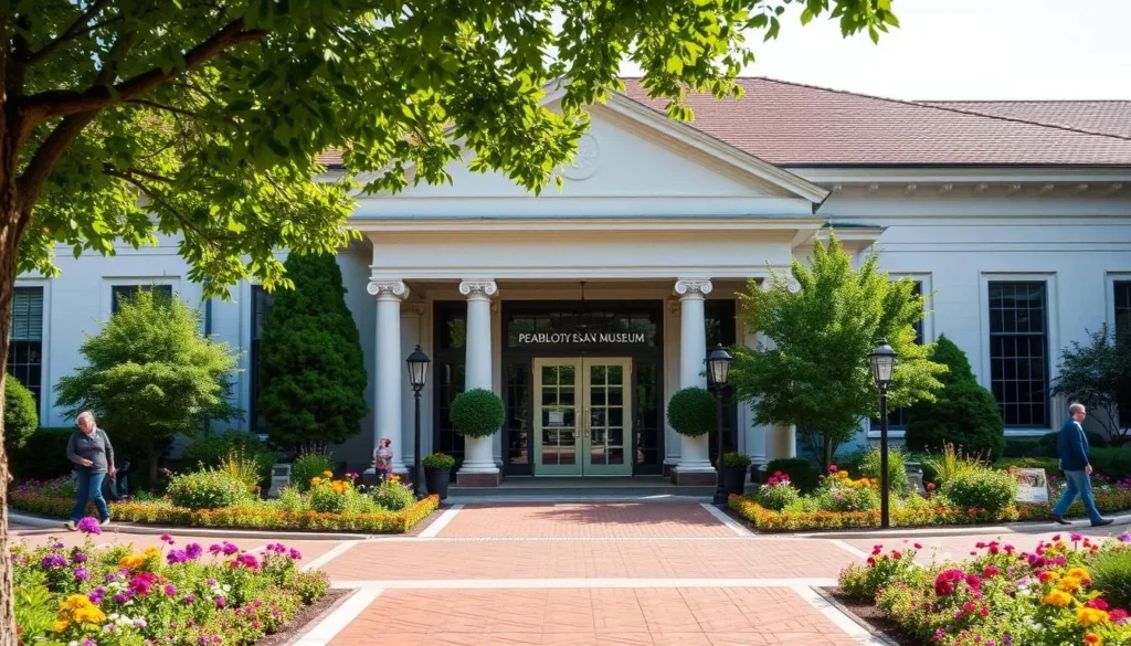 Generate an image of the Peabody Essex Museum's grand entrance and its beautifully landscaped gardens.