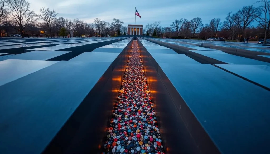 Generate an image of the Peoria Holocaust Memorial, featuring its striking design with over 11 million buttons representing lives lost during the Holocaust.