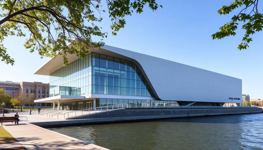 Generate an image of the Peoria Riverfront Museum's exterior, showcasing its modern architecture and scenic riverfront location.