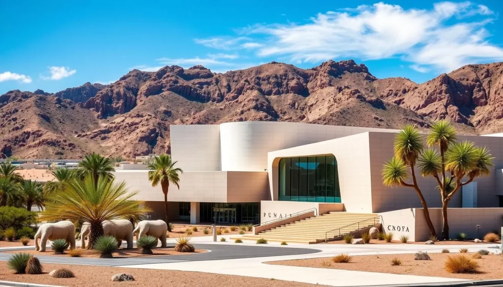 Generate an image of the Phoenix Art Museum's exterior, showcasing its modern architecture amidst the desert landscape.