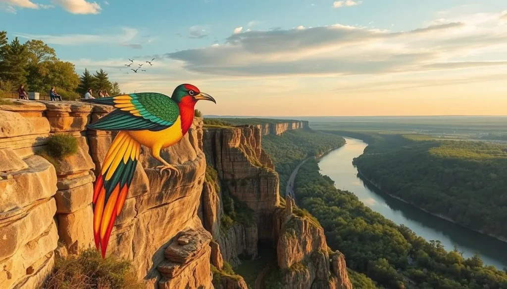 Generate an image of the Piasa Bird painting on the limestone bluffs overlooking the Mississippi River.