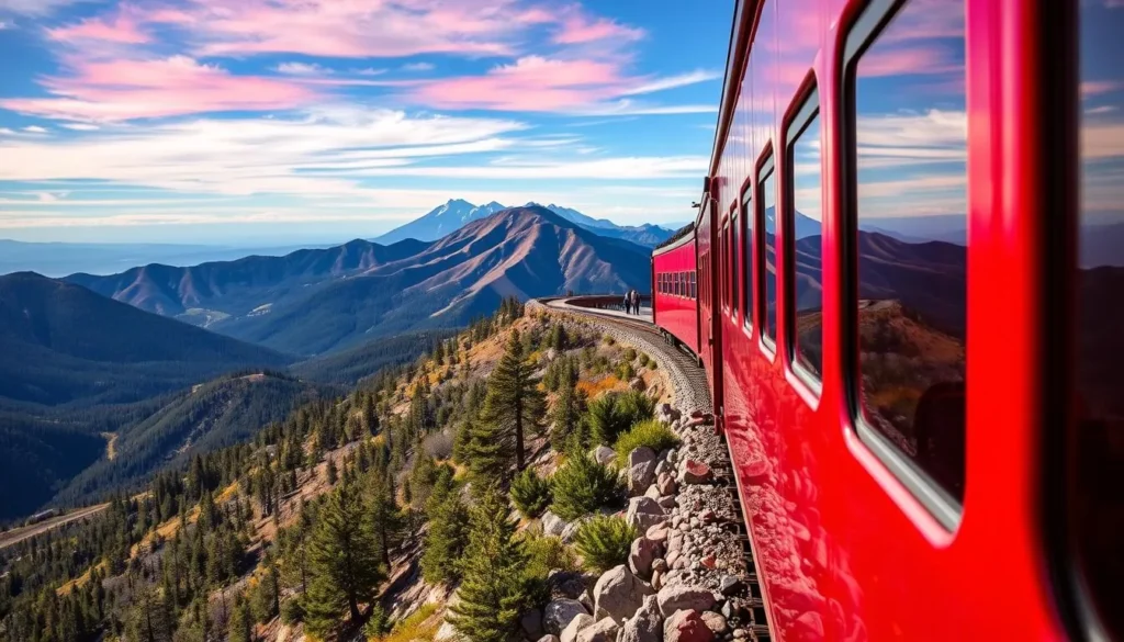 Generate an image of the Pikes Peak Cog Railway train climbing the mountain. Generate an image of the Pikes Peak Cog Railway train climbing the mountain.