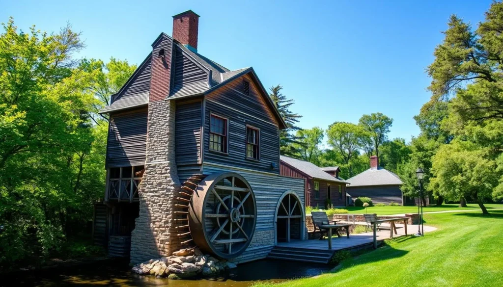 Generate an image of the Pine Creek Grist Mill, a historic grist mill in Muscatine, Iowa.