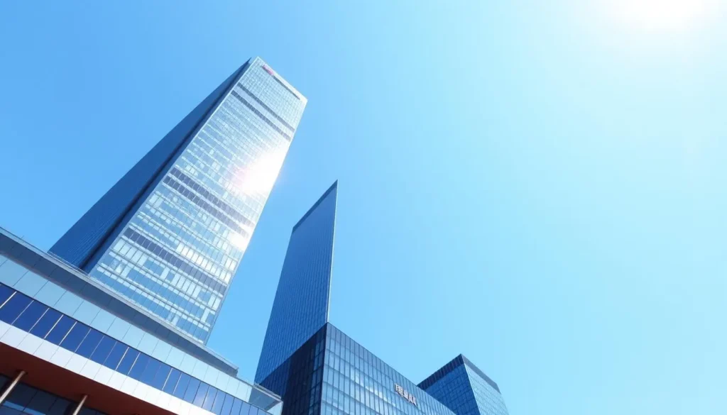 Generate an image of the Ping An Finance Center with its sleek, modern architecture standing tall against a clear blue sky.