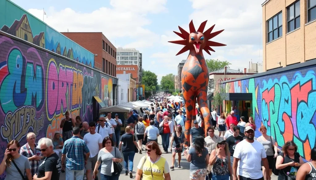 Generate an image of the Plano Art Walk with vibrant murals and sculptures.
