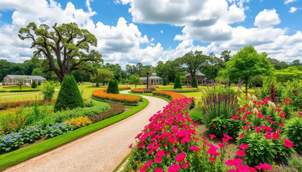 Generate an image of the Planting Fields Arboretum State Historic Park showcasing its beautiful gardens and walking trails.