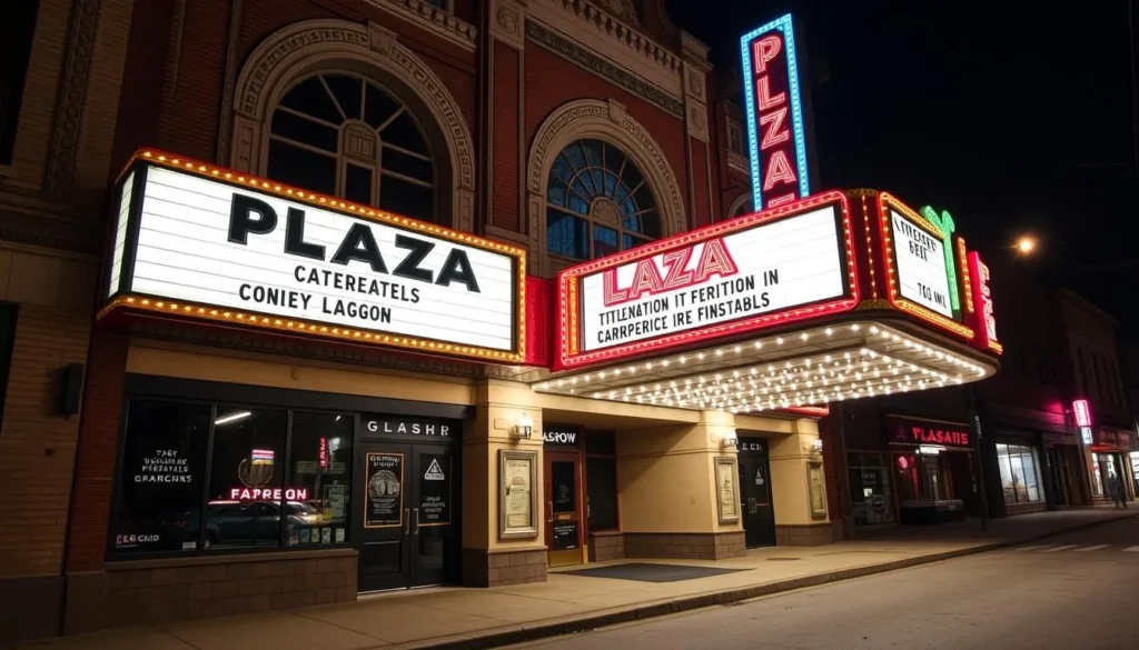 Generate an image of the Plaza Theatre in Glasgow, KY, showcasing its historic facade and vibrant marquee.