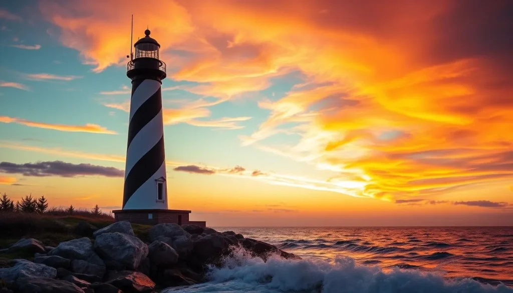 Generate an image of the Plum Island Lighthouse at sunset.