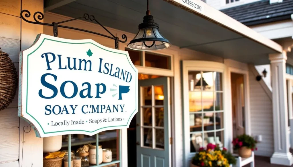 Generate an image of the Plum Island Soap Company storefront with a sign reading "Locally Made Soaps and Lotions"