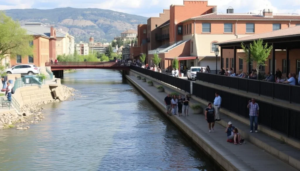 Generate an image of the Pueblo Historic Arkansas Riverwalk with scenic views and people enjoying activities along the waterfront.