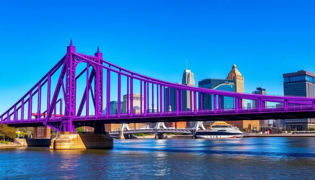 Generate an image of the Purple People Bridge with the Cincinnati skyline in the background.