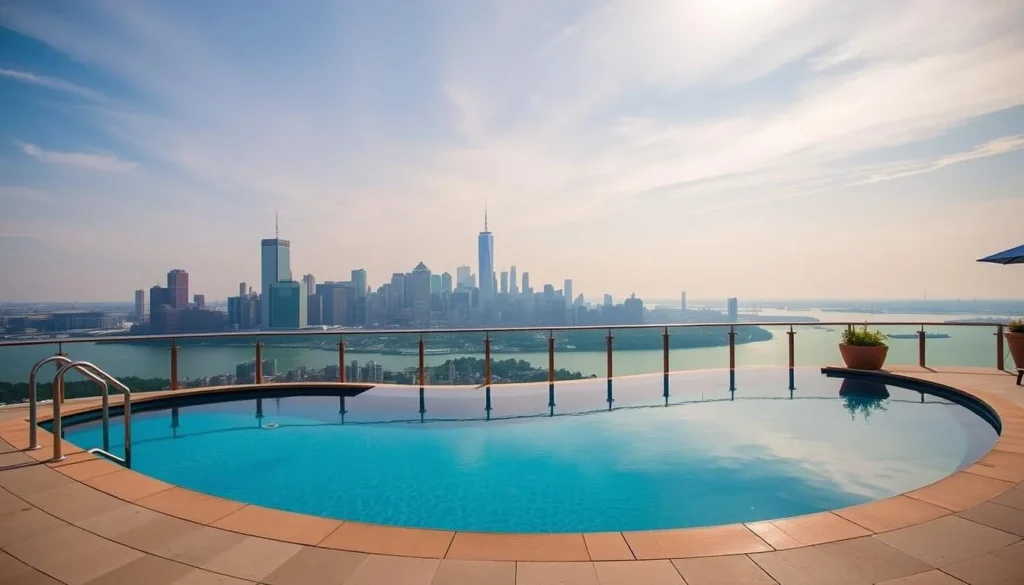 Generate an image of the QC NY Spa's panorama pool on Governors Island with a view of the Manhattan skyline.