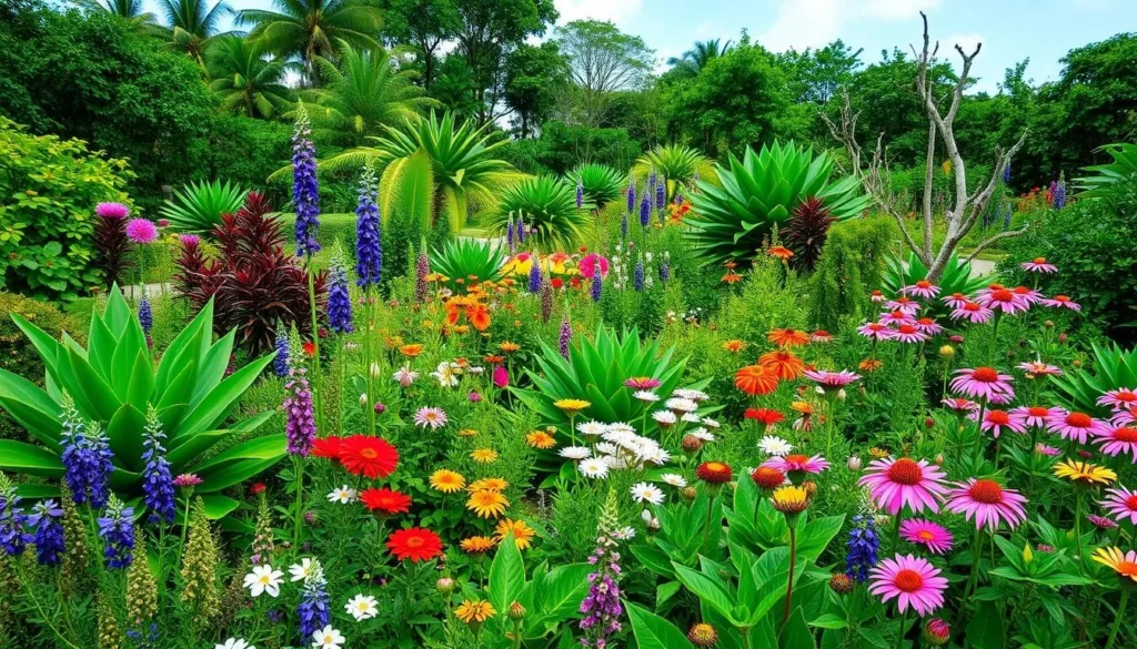 Generate an image of the Queen Elizabeth II Botanic Park's main garden on Grand Cayman, featuring a variety of native plants and flowers.