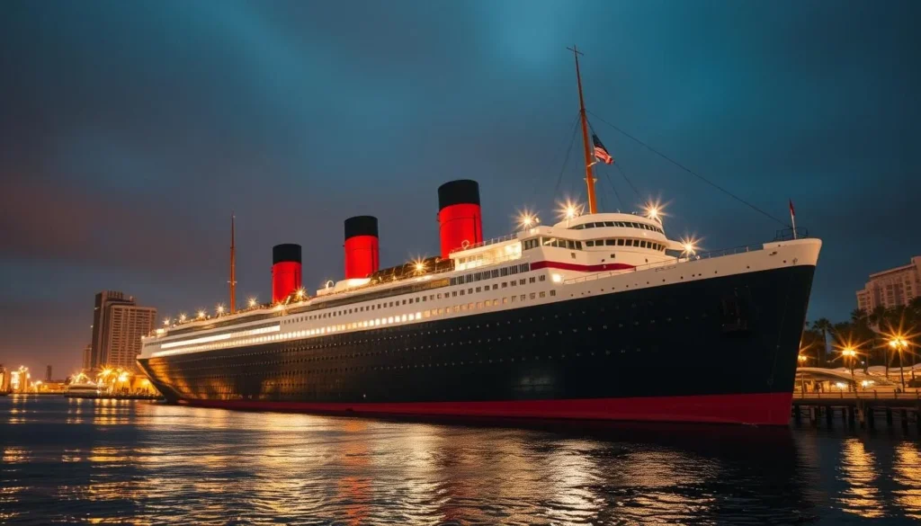Generate an image of the Queen Mary ocean liner docked in Long Beach, with a historic backdrop.