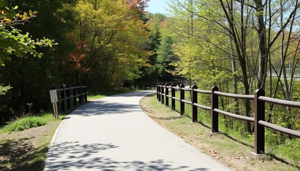 Generate an image of the Quequechan River Rail Trail, showcasing its scenic beauty and accessibility.