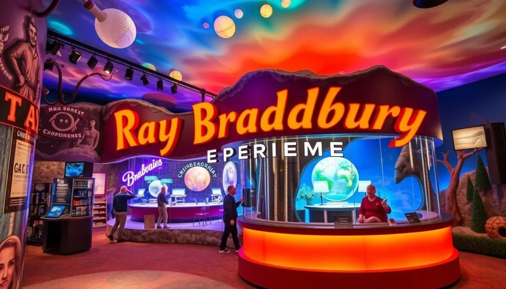 Generate an image of the Ray Bradbury Experience Museum's interactive exhibits, showcasing scenes inspired by Bradbury's works.