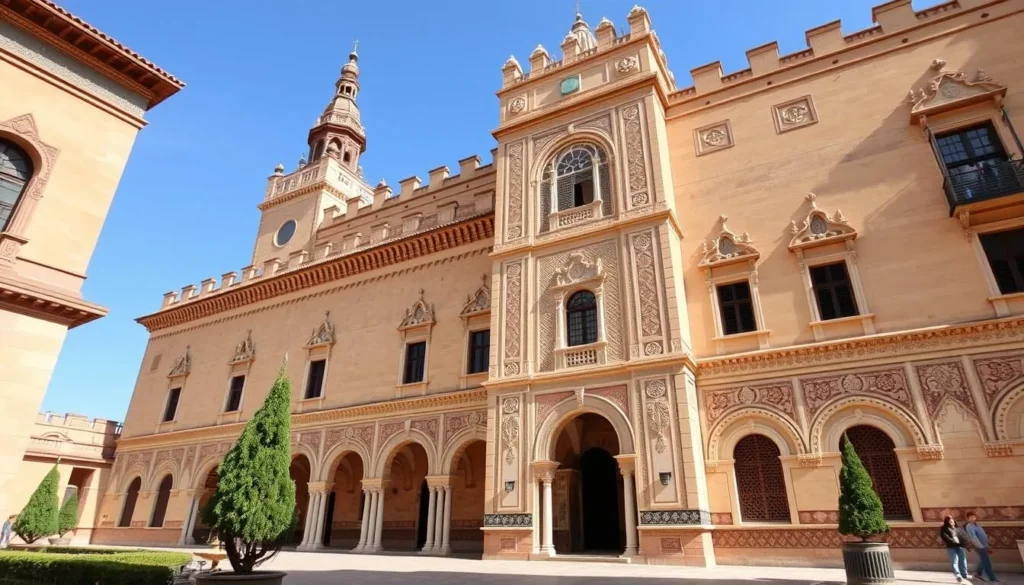 Generate an image of the Real Alcázar's facade, showcasing its intricate Mudéjar architecture.