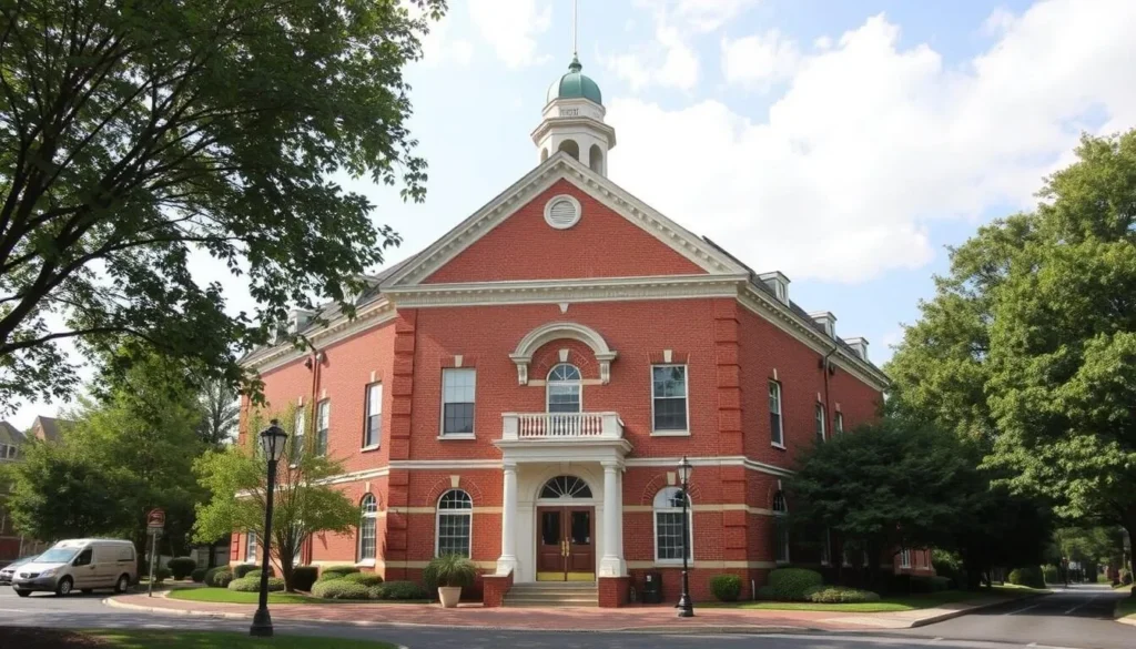 Generate an image of the Red Brick Courthouse in Rockville, Maryland, showcasing its historic architecture.
