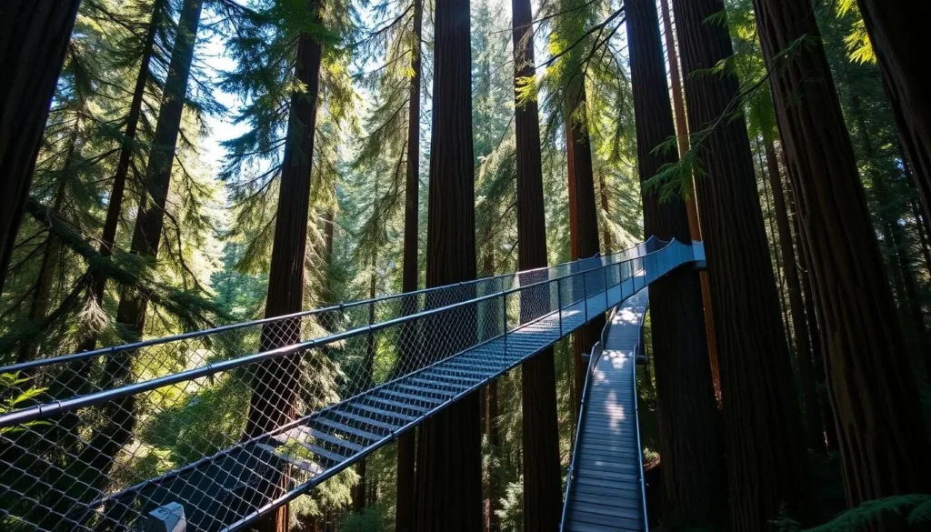 Generate an image of the Redwoods Treewalk with suspension bridges and Redwood trees.