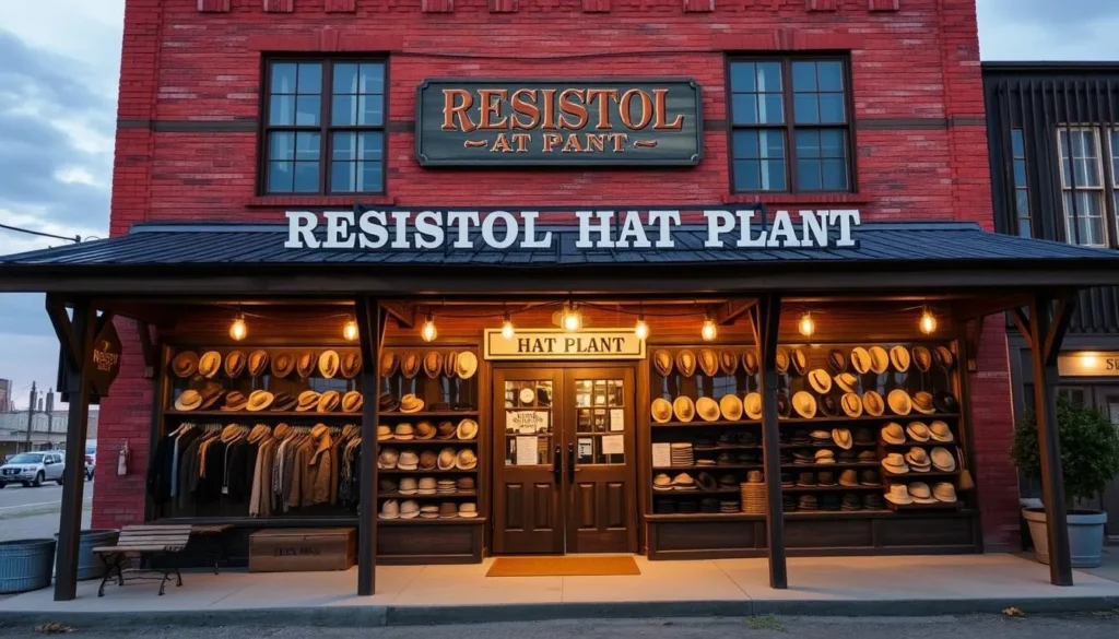 Generate an image of the Resistol Hat Plant exterior with a cowboy hat storefront