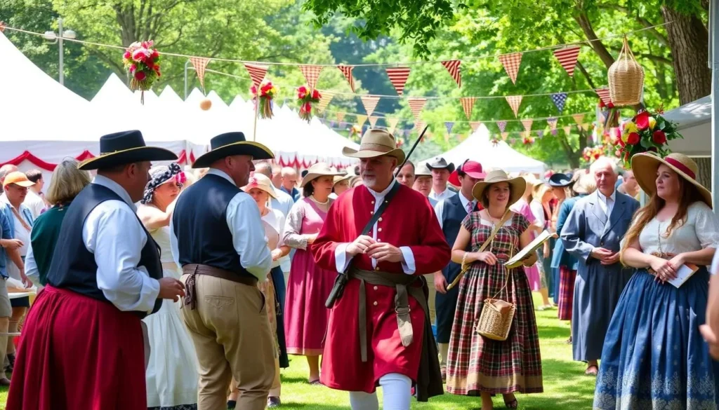 Generate an image of the Return Day Colonial Festival in Georgetown, Delaware, showcasing its colonial-era attire and festivities.
