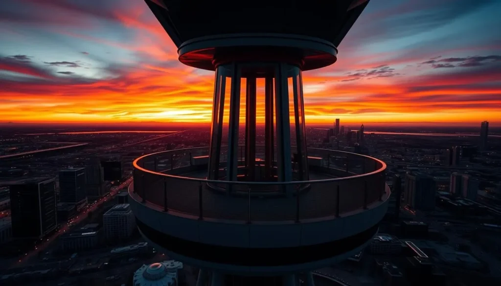 Generate an image of the Reunion Tower's observation deck at sunset.