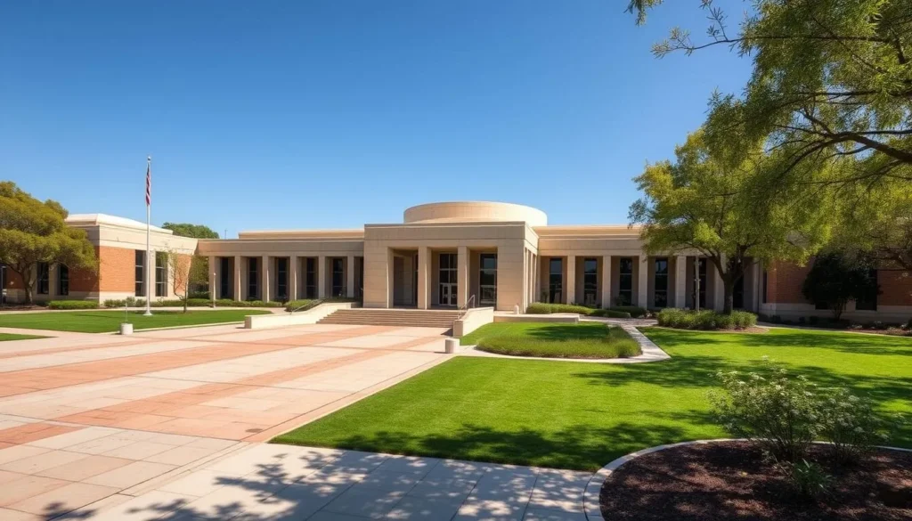 Generate an image of the Richard Nixon Presidential Library and Museum's exterior, showcasing its grounds and architecture.
