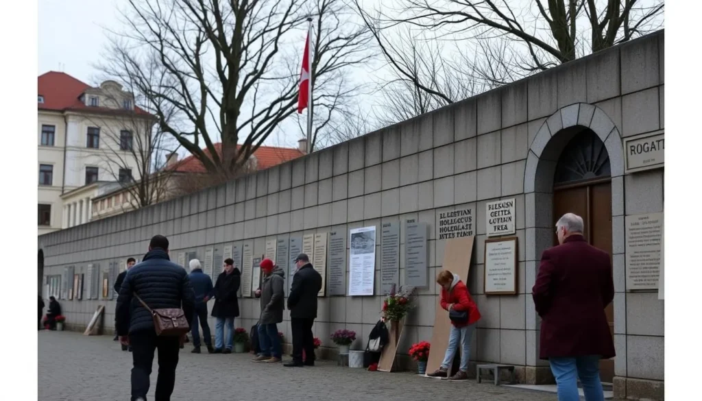 Generate an image of the Riga Ghetto and Latvian Holocaust Museum, focusing on the memorial wall.