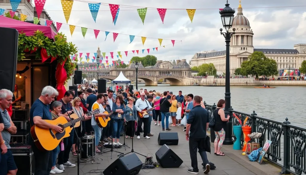 Generate an image of the Riverside Festival with live music and street performers on Victoria Embankment.