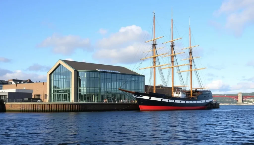 Generate an image of the Riverside Museum and the Tall Ship Glenlee on the River Clyde