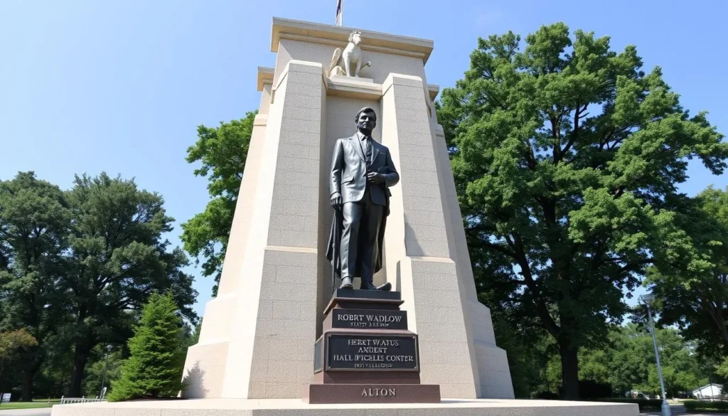 Generate an image of the Robert Wadlow Statue in Alton, Illinois, showcasing its impressive height and detailed craftsmanship.