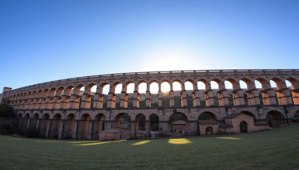 Generate an image of the Roman Aqueduct in Segovia, Spain, highlighting its grandeur and historical significance.