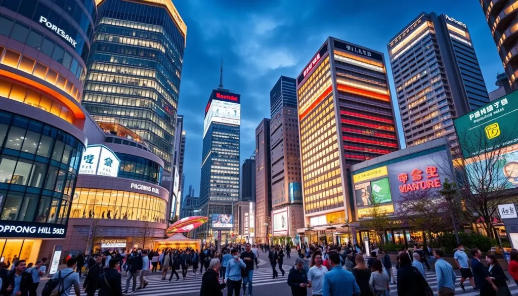 Generate an image of the Roppongi Hills complex, showcasing its modern architecture and bustling atmosphere.
