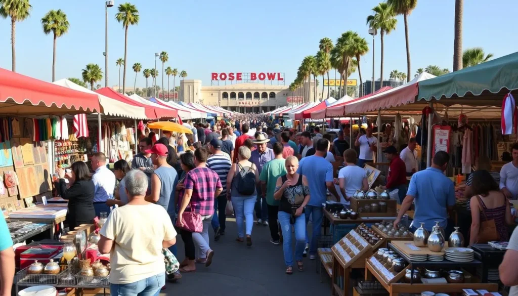 Generate an image of the Rose Bowl Flea Market with vendors selling various goods.
