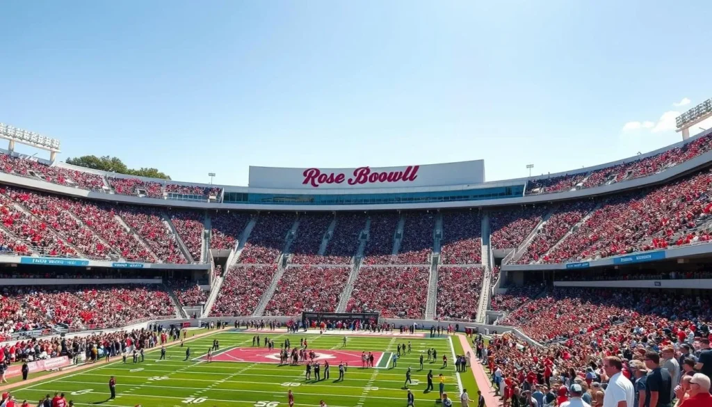 Generate an image of the Rose Bowl Stadium on a sunny day with a packed crowd.