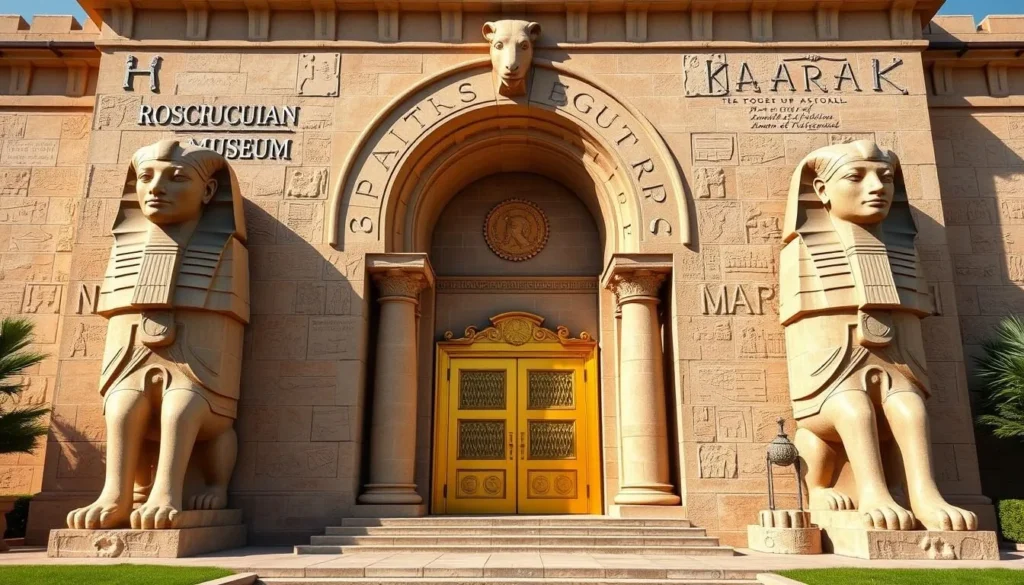 Generate an image of the Rosicrucian Egyptian Museum's facade, modeled after the Temple of Amon at Karnak, with ram-headed sphinxes and golden doors.