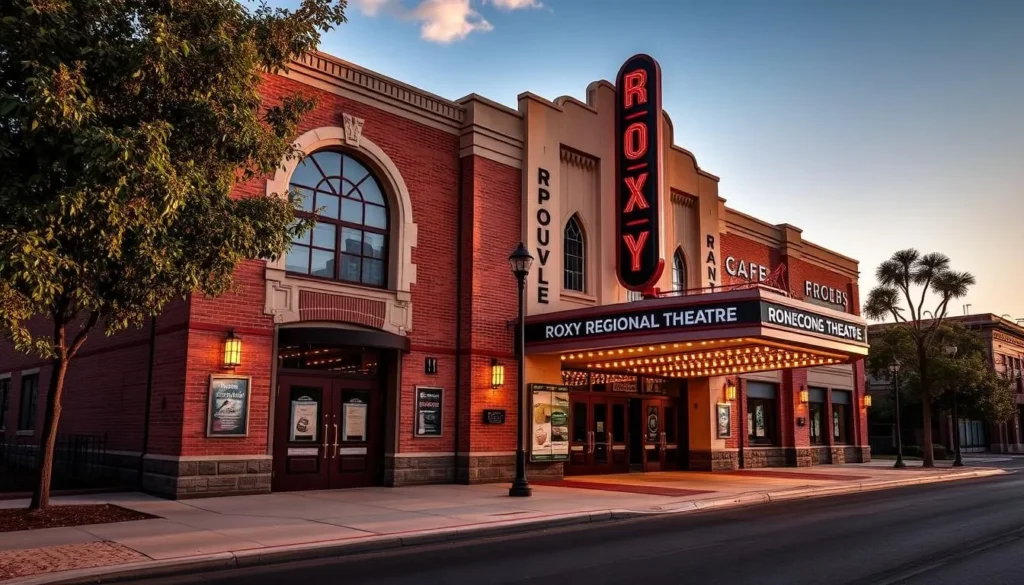 Generate an image of the Roxy Regional Theatre's exterior, showcasing its architectural charm and inviting atmosphere.