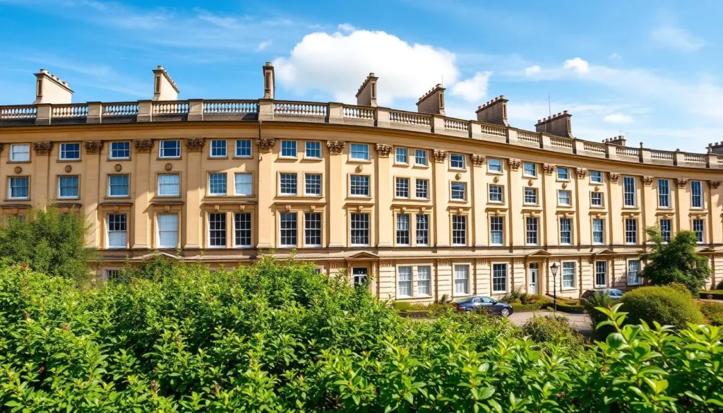 Generate an image of the Royal Crescent in Bath, showcasing its sweeping curve of Palladian-style townhouses.